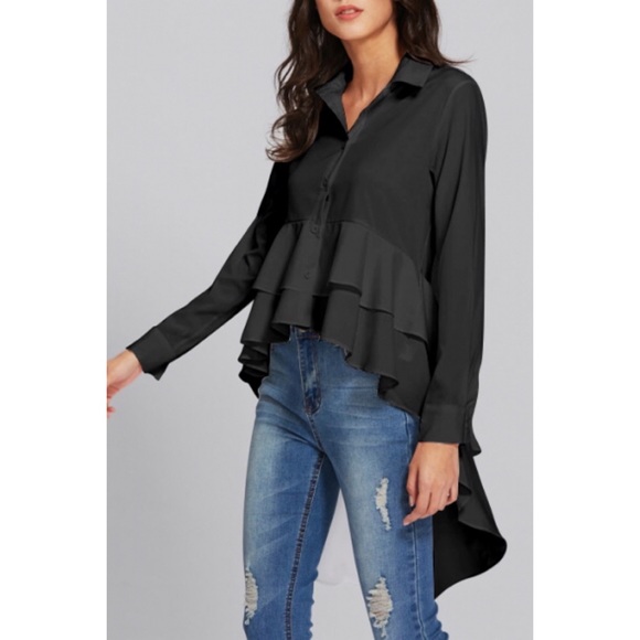 Black High Low Ruffles Hem Button Down Blouse - Picture 3 of 3
